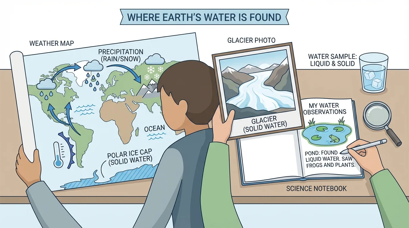 Child using a weather map, looking at a glacier photo, and writing pond observations in a science notebook