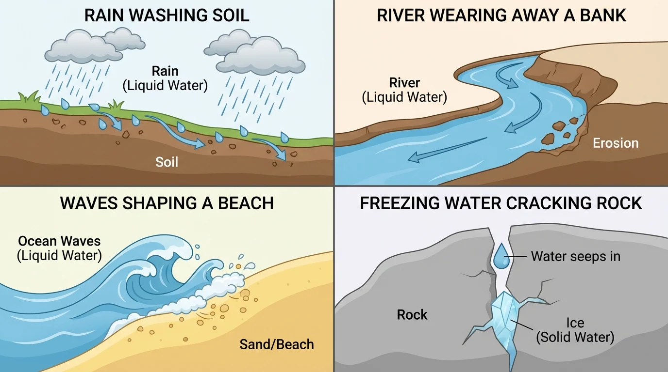 Four-part scene showing rain washing soil, a river wearing away a bank, waves shaping a beach, and freezing water cracking rock