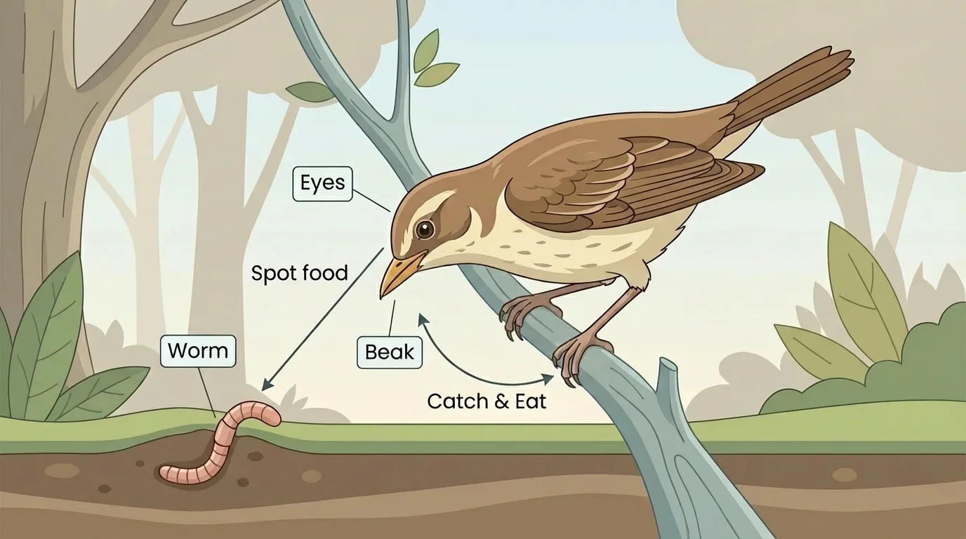 Bird using eyes to spot a worm and beak and feet to catch and eat it, with simple labels