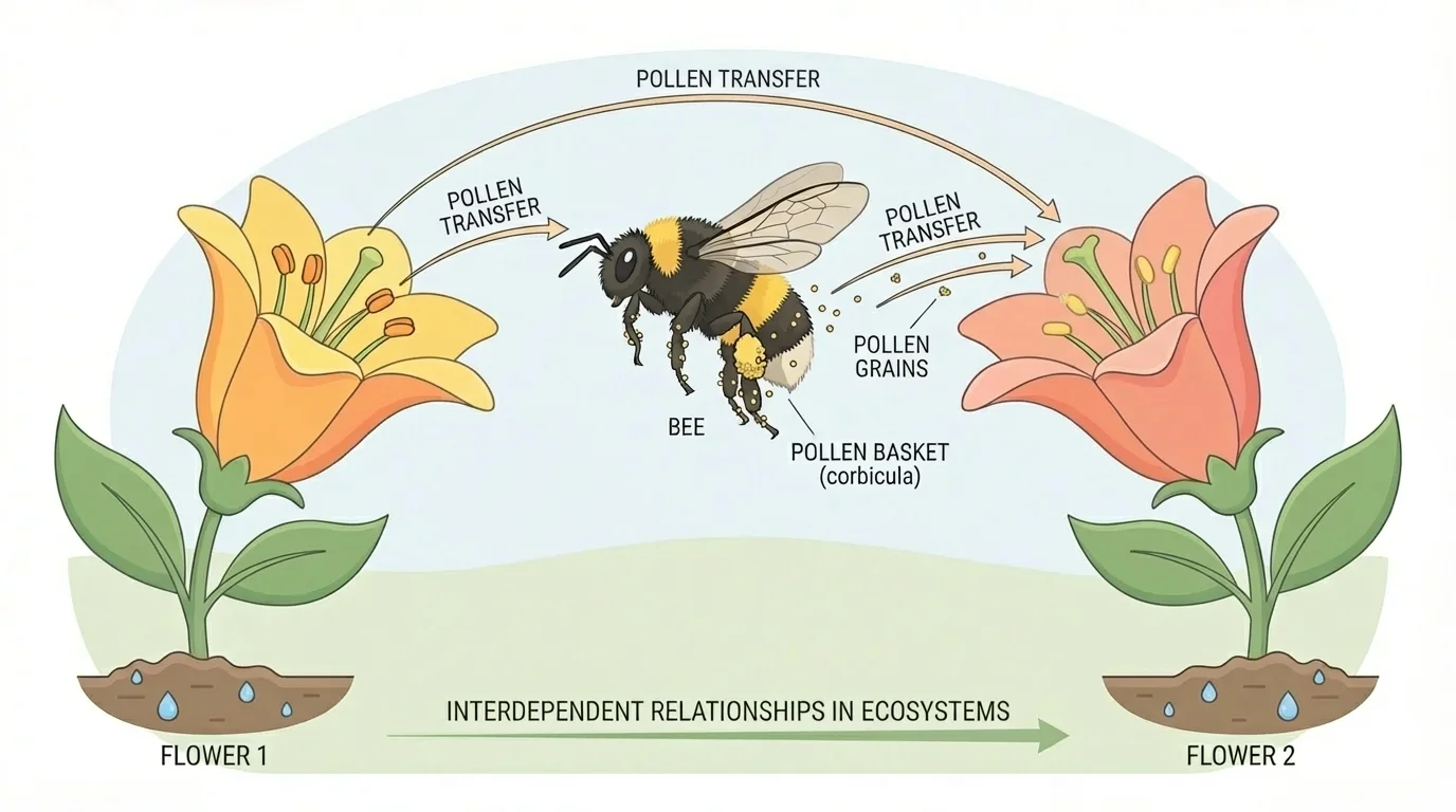 Bee moving pollen between two flowers with arrows showing pollen transfer