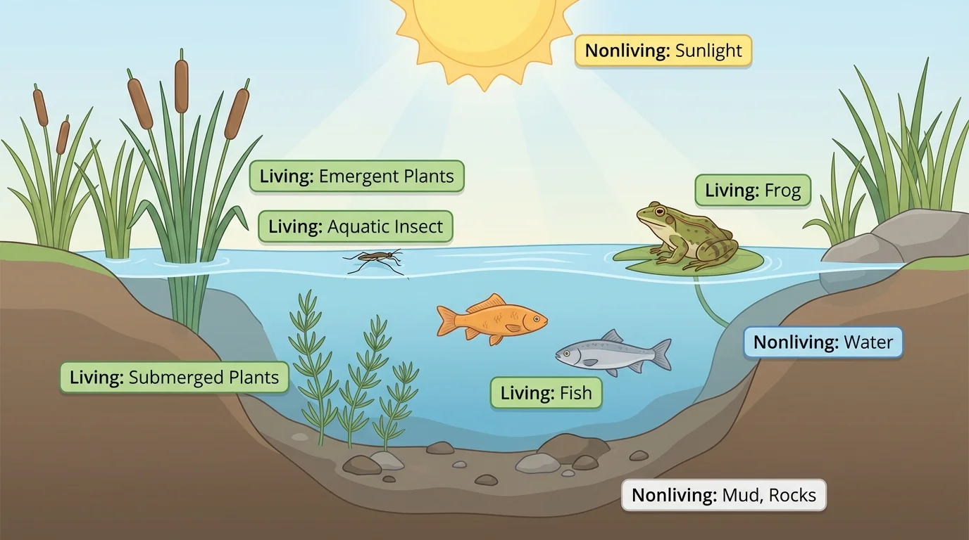 Pond ecosystem with fish, frog, insect, water, rocks, mud, plants, and sunlight labeled as living or nonliving