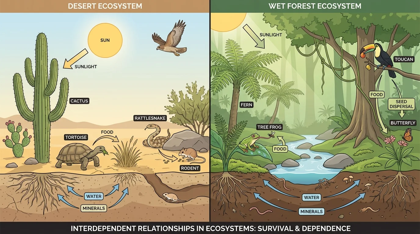 Side-by-side desert and wet forest scenes showing cactus in dry sunny place and fern in shady wet place