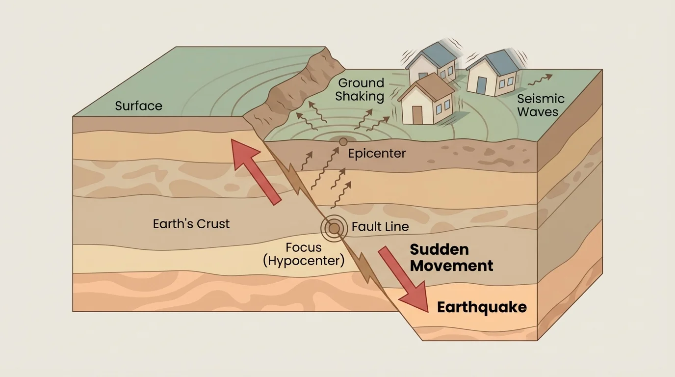 Cross-section of Earth's crust with a fault line, arrows showing sudden movement, and small houses shaking at the surface