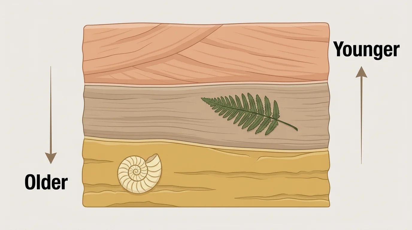 Stacked rock layers with a fossil shell in a lower layer, a plant fossil in a middle layer, and labels older at bottom and younger at top