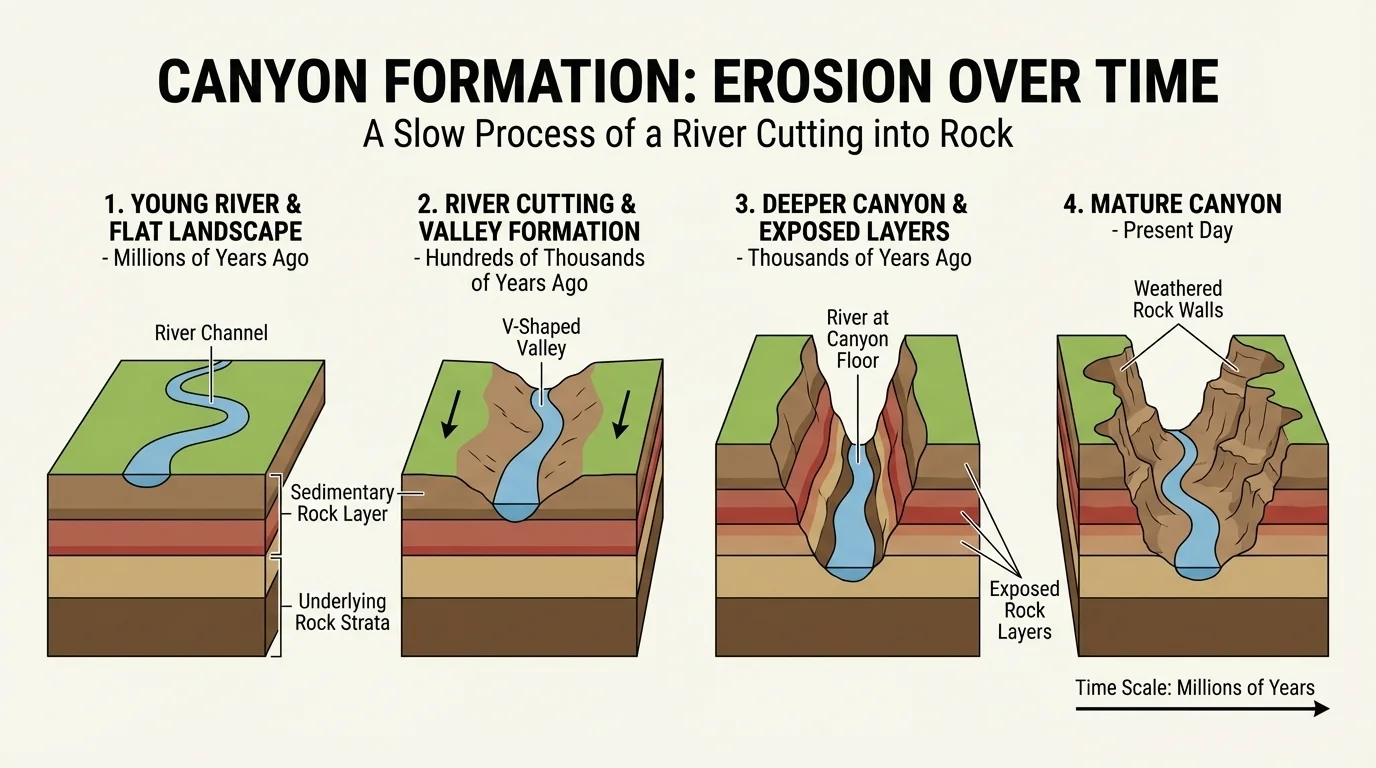 A simple sequence of a river flowing across land, cutting deeper into rock layers over time until a canyon forms