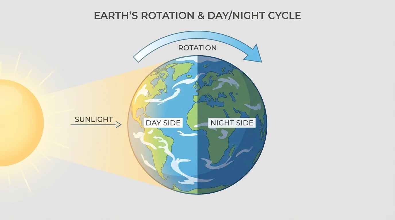 Earth with one half lit by the Sun, arrows showing rotation, and simple labels for day side and night side