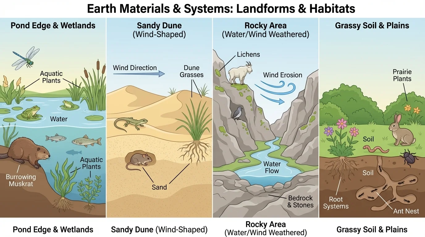 Illustration showing a pond edge, sandy dune, rocky area, and grassy soil with animals and plants living in each place