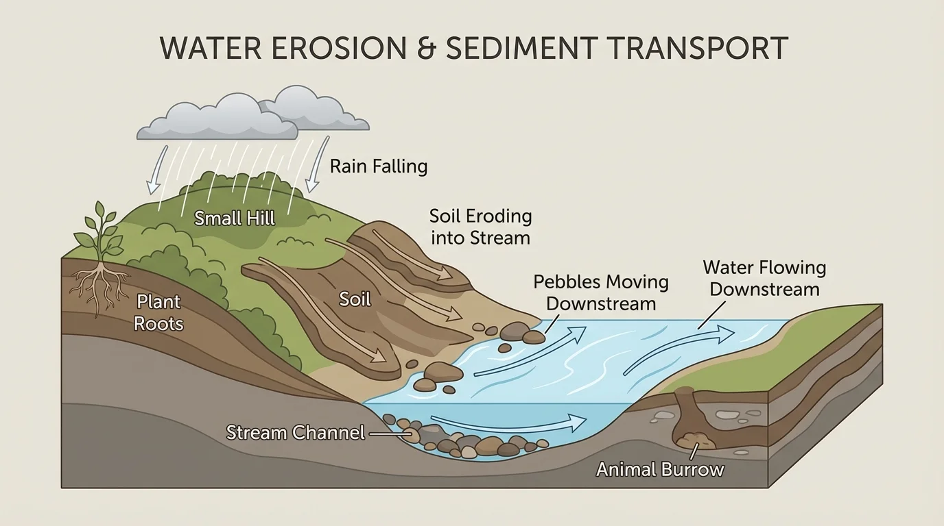 Labeled illustration of rain falling on a small hill, soil washing into a stream, and pebbles moving downstream