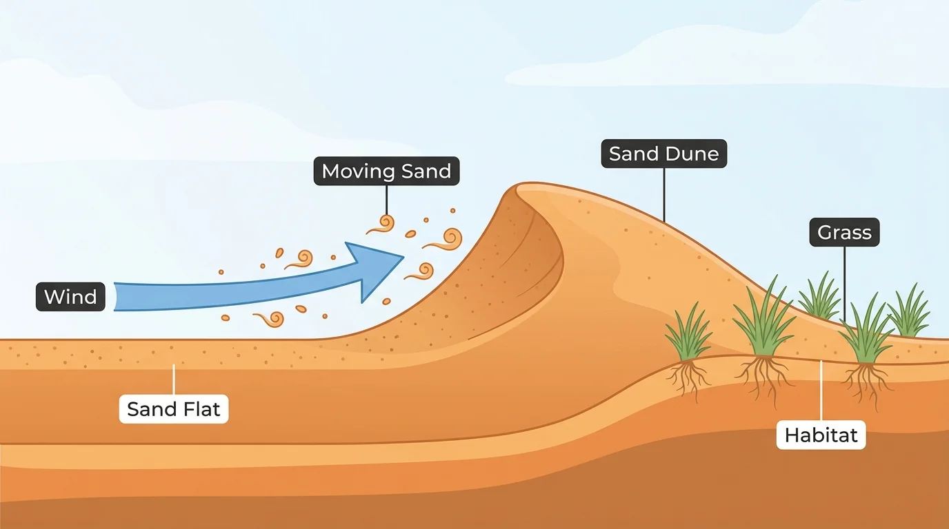 Illustration of wind moving sand across the ground and piling it into a dune with grass nearby