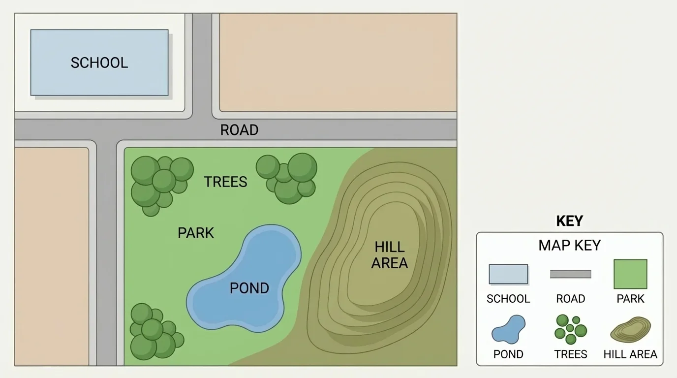 simple neighborhood map with school, road, park, pond, trees, hill area, and a small key with clear symbols