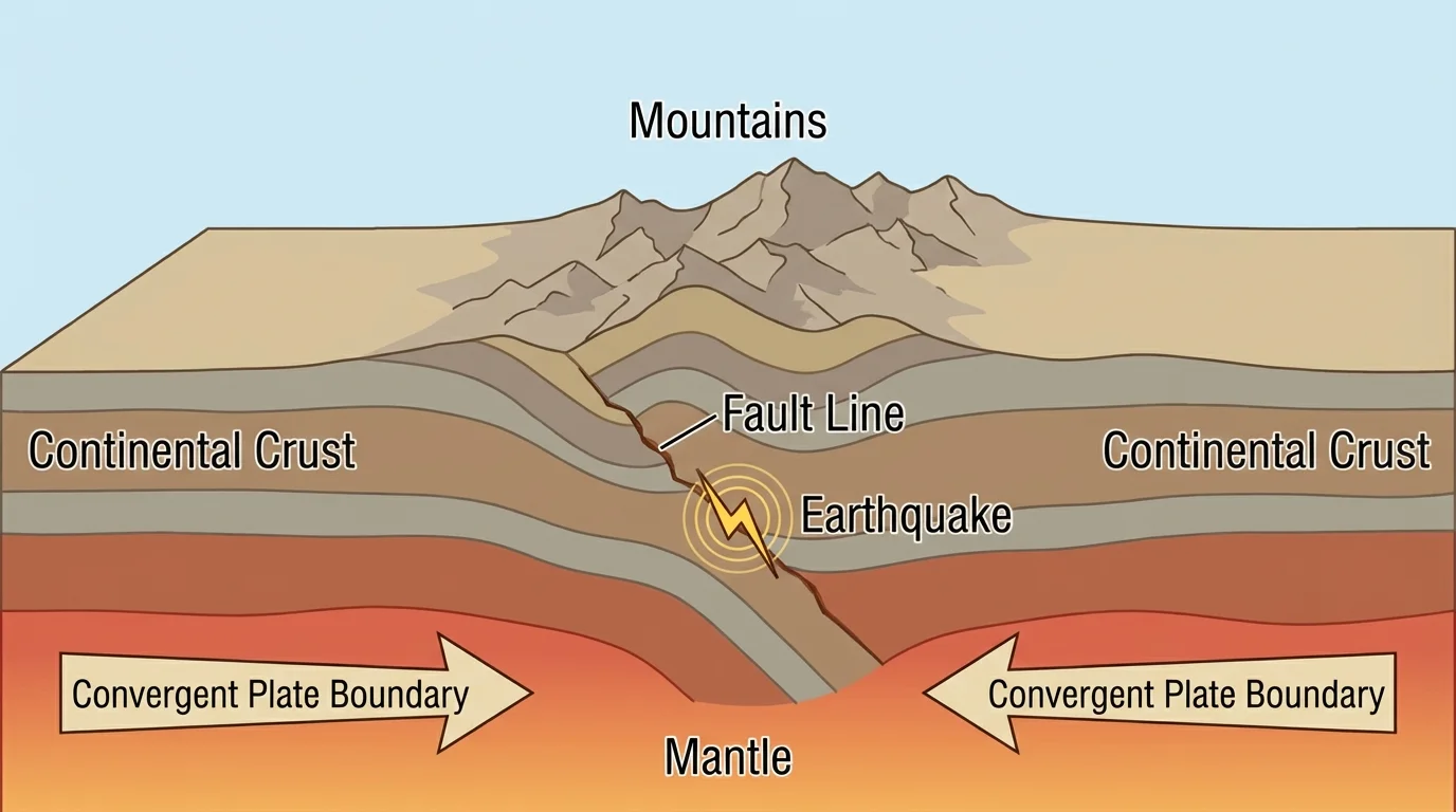 simple cross-section of Earth's surface with two tectonic plates pushing together to form mountains and a small earthquake crack symbol