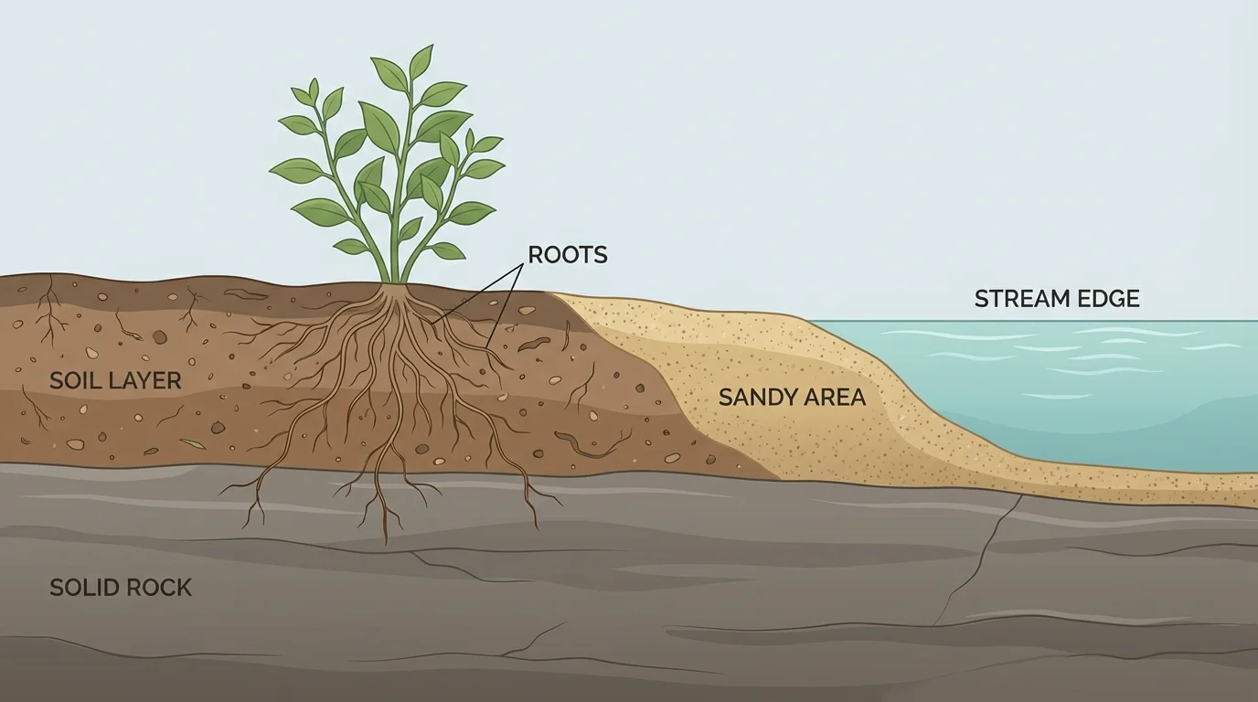 ground cross-section showing solid rock below, soil layer above, sandy area near a stream edge, and a plant with roots growing in soil