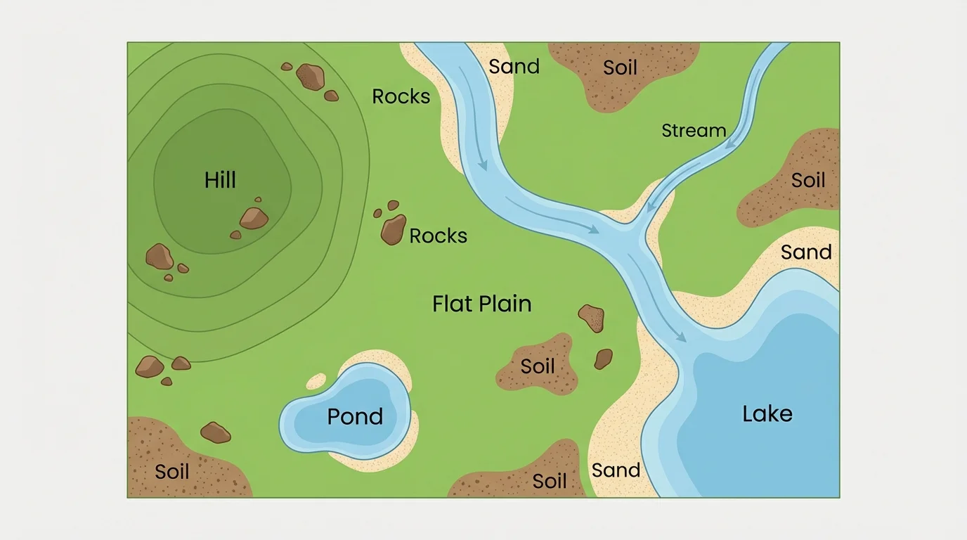 simple map-style landscape showing a hill, flat plain, river, stream, lake, and pond with short labels and clear shapes
