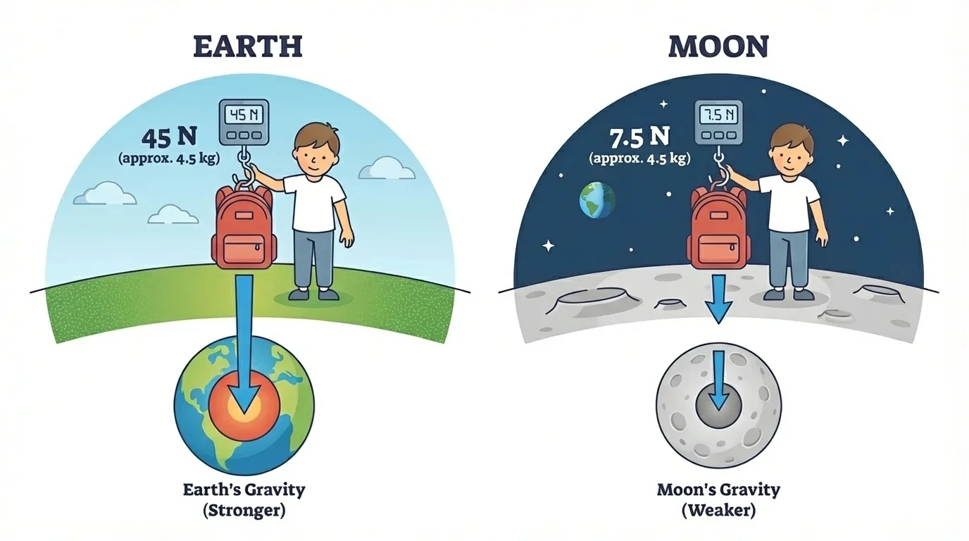 Child holding the same backpack on Earth and on the Moon, with a larger scale reading on Earth and a smaller scale reading on the Moon