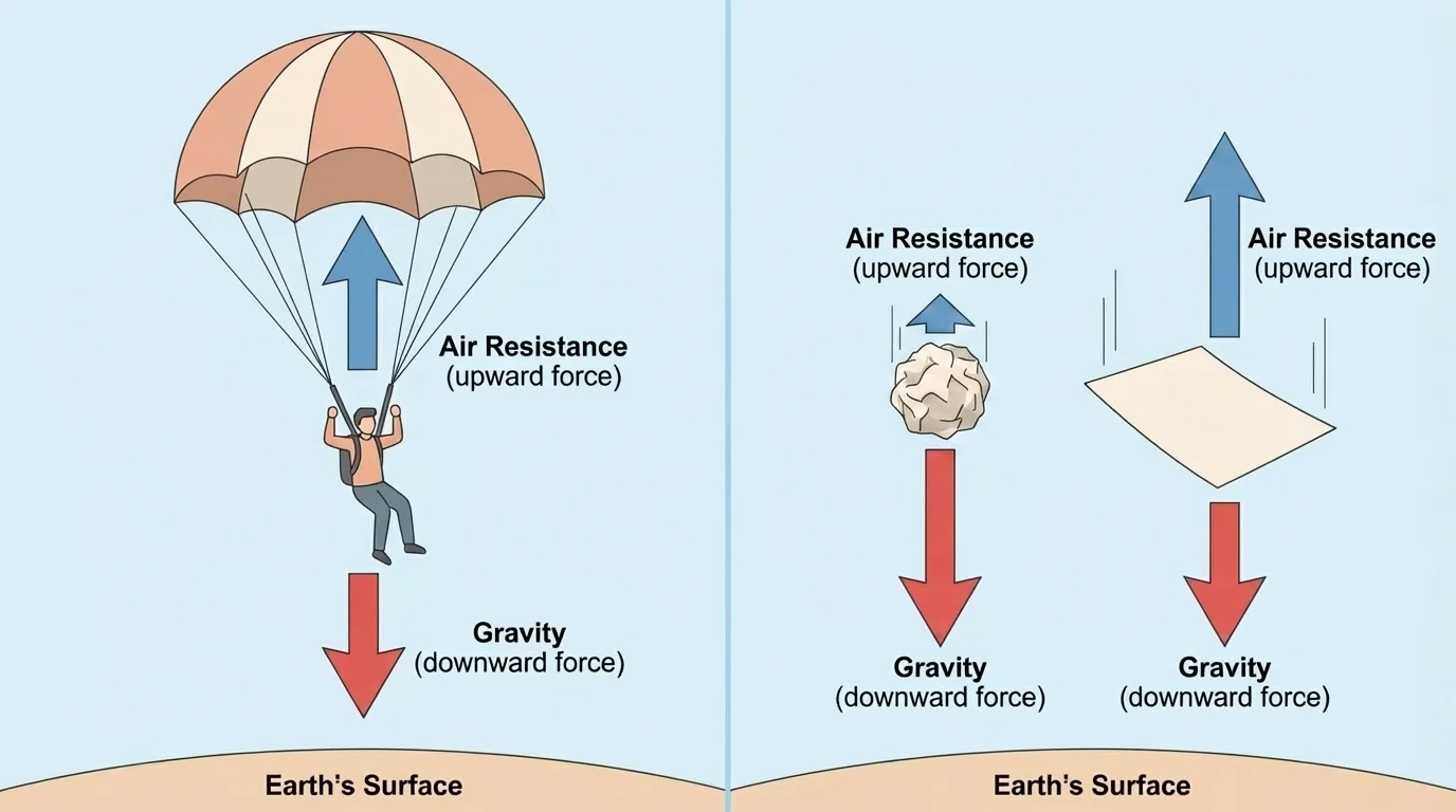 Split scene with a parachute descending slowly and a flat sheet of paper falling more slowly than a crumpled paper ball, arrows showing gravity downward and air resistance upward