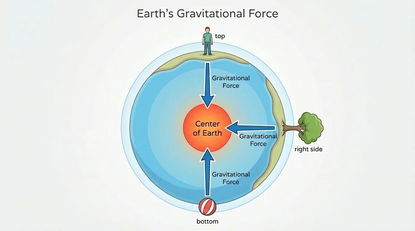 Cross-section of Earth with a person, tree, and ball on different parts of the surface, arrows pointing from each object toward Earth's center