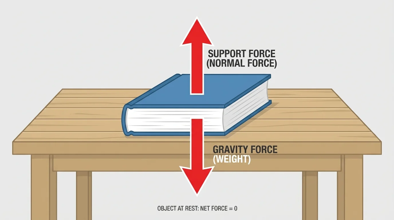 Book on a table with arrows showing downward gravity and upward support force of equal size