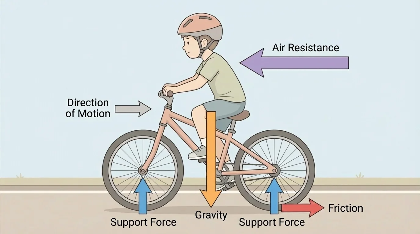 Child riding a bicycle with arrows for gravity downward, support upward, friction at tires, and air resistance backward