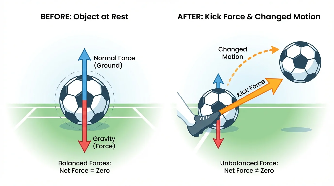 Soccer ball before and after a kick, with arrow showing kick force and changed motion