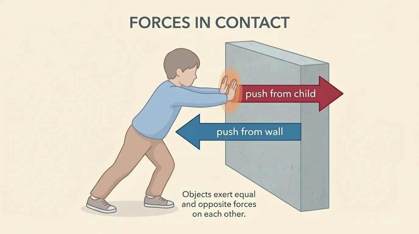 child leaning forward with hands on a wall, arrow from child toward wall and arrow from wall toward child, both labeled as pushes between touching objects