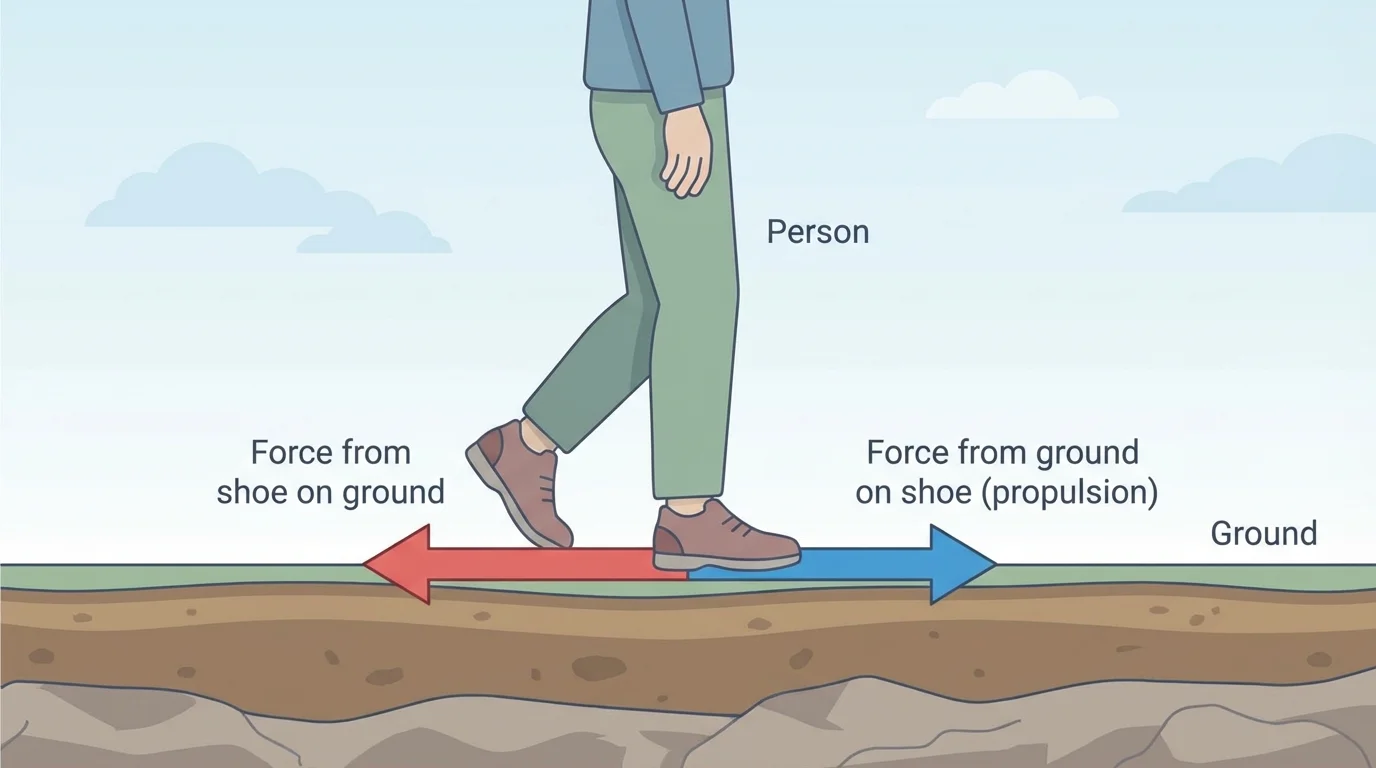 person walking with one foot on the ground, arrow backward from shoe onto ground and arrow forward from ground onto shoe