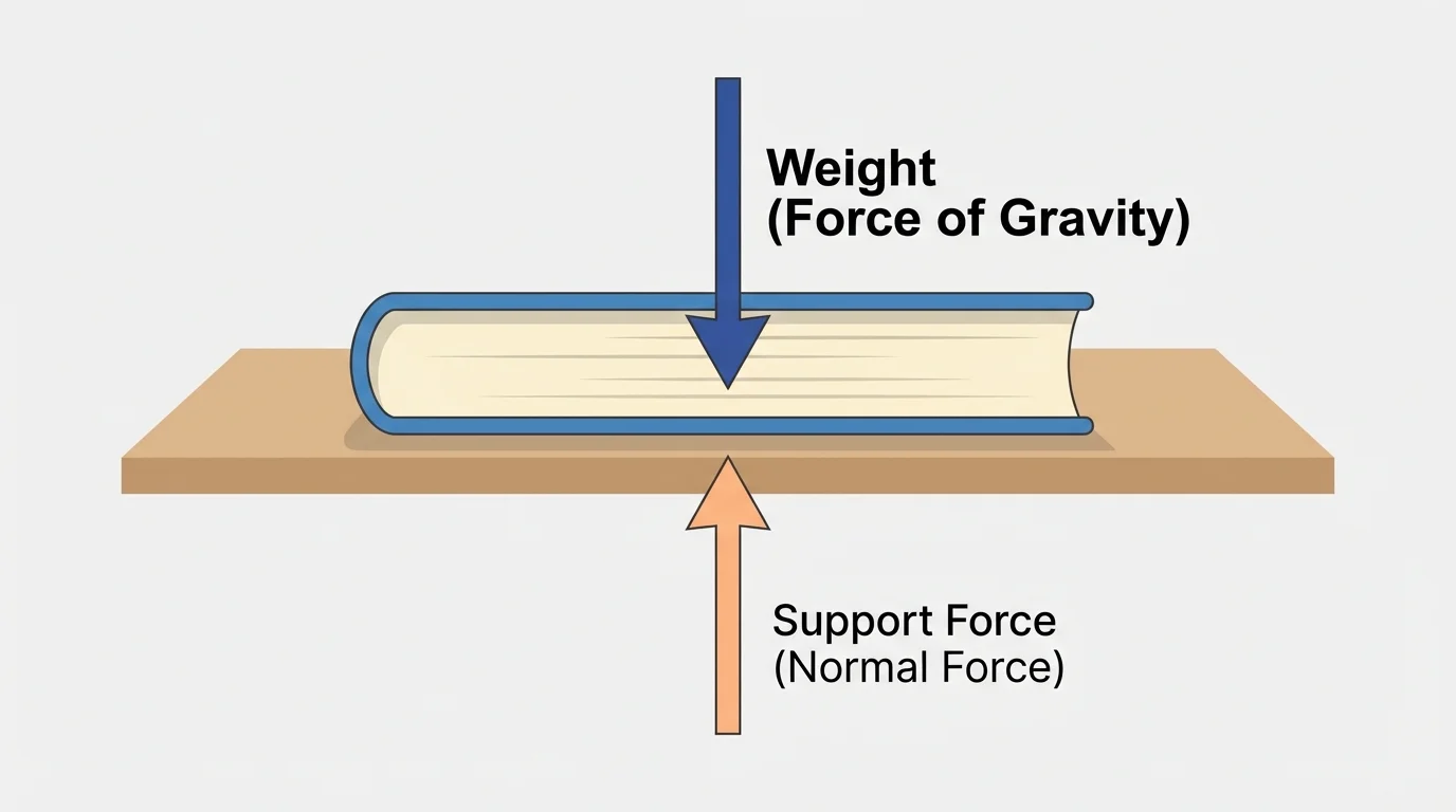 book resting on a table with one downward arrow on the book for weight and one upward arrow from the table for support force
