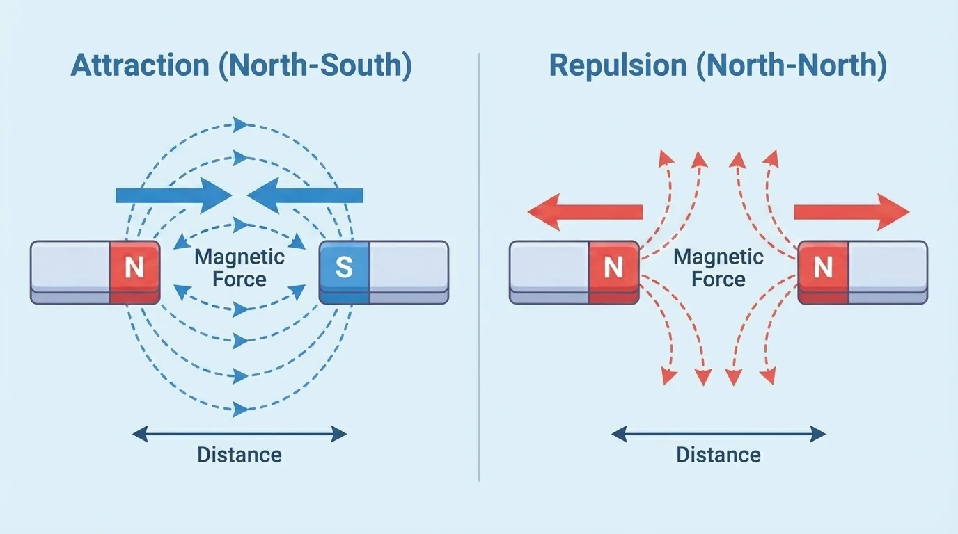 two bar magnets facing north-south attracting in one panel and north-north repelling in another panel