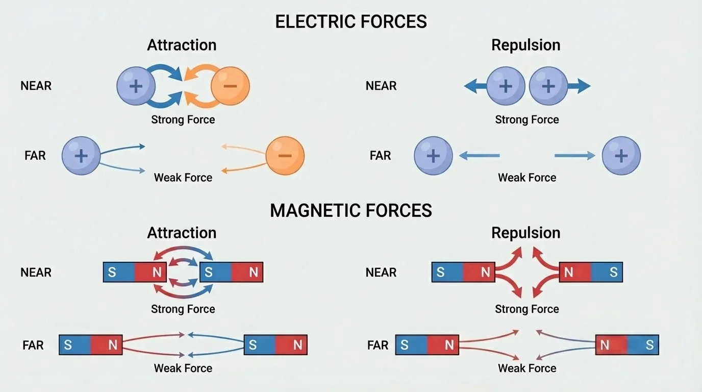 simple diagram of two charged objects, one pair attracting and one pair repelling, with near and far distances marked