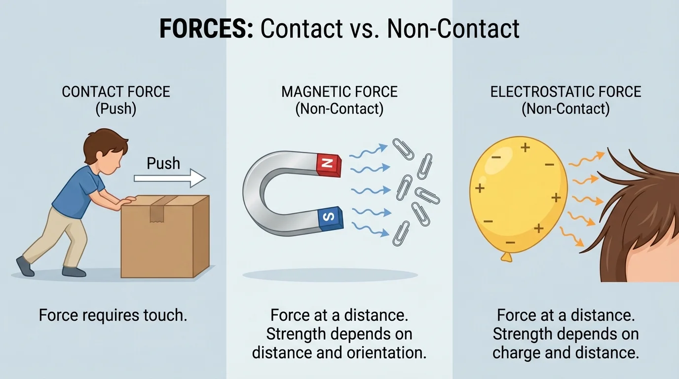 child pushing a box by touch beside a magnet pulling a paper clip and a charged balloon attracting hair without touching