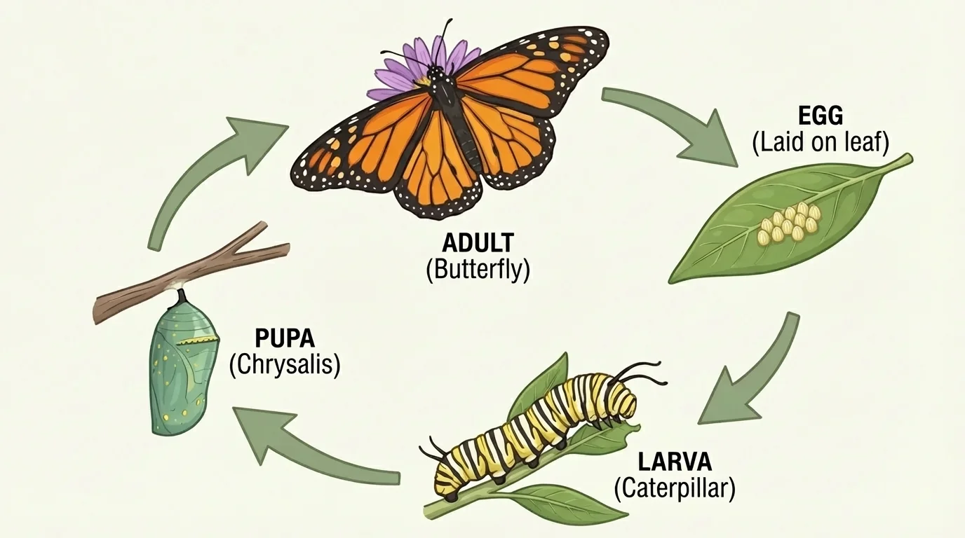 butterfly life cycle showing egg on leaf, caterpillar, chrysalis, and adult butterfly with arrows in a cycle