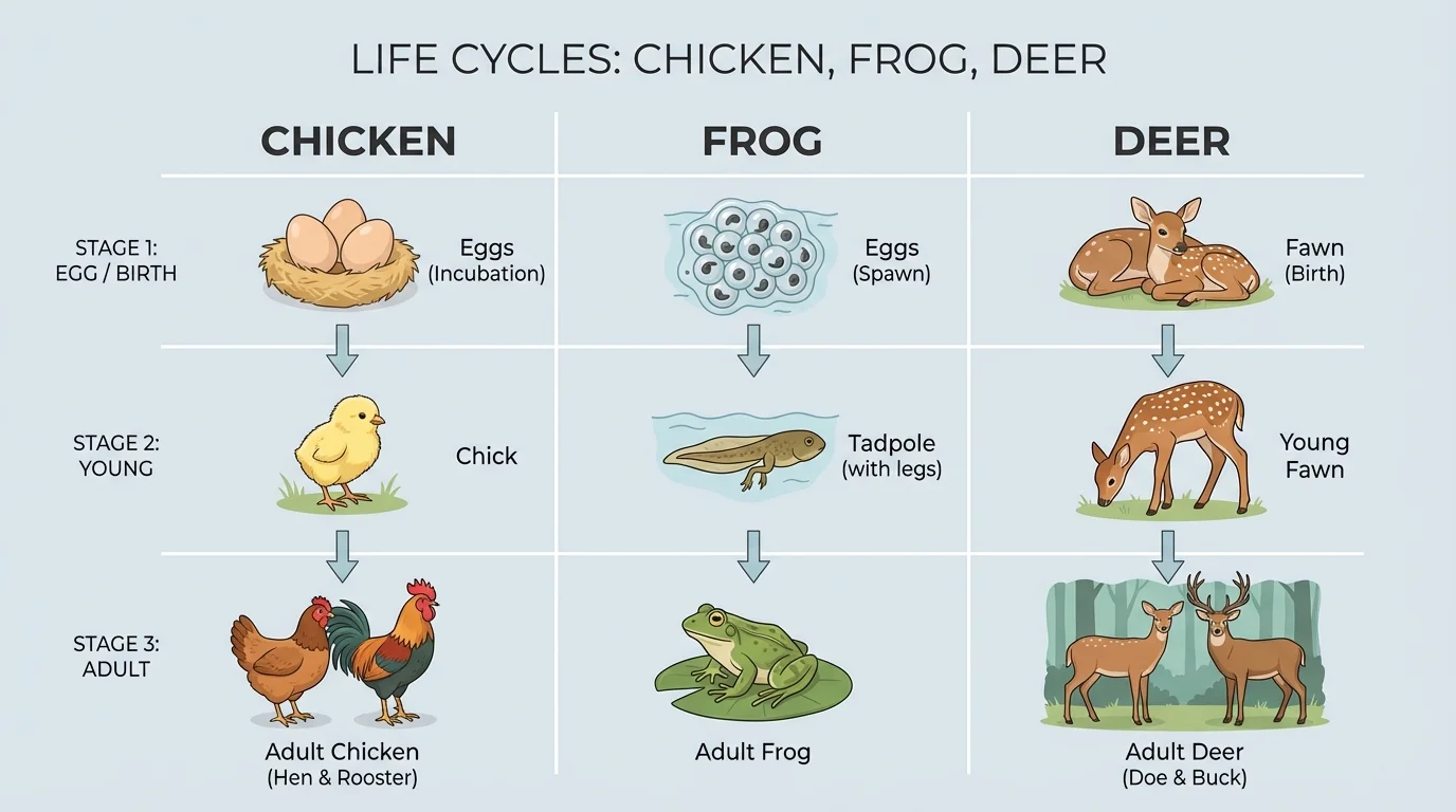 simple comparison chart of chicken, frog, and deer life cycle stages from egg or birth to young to adult