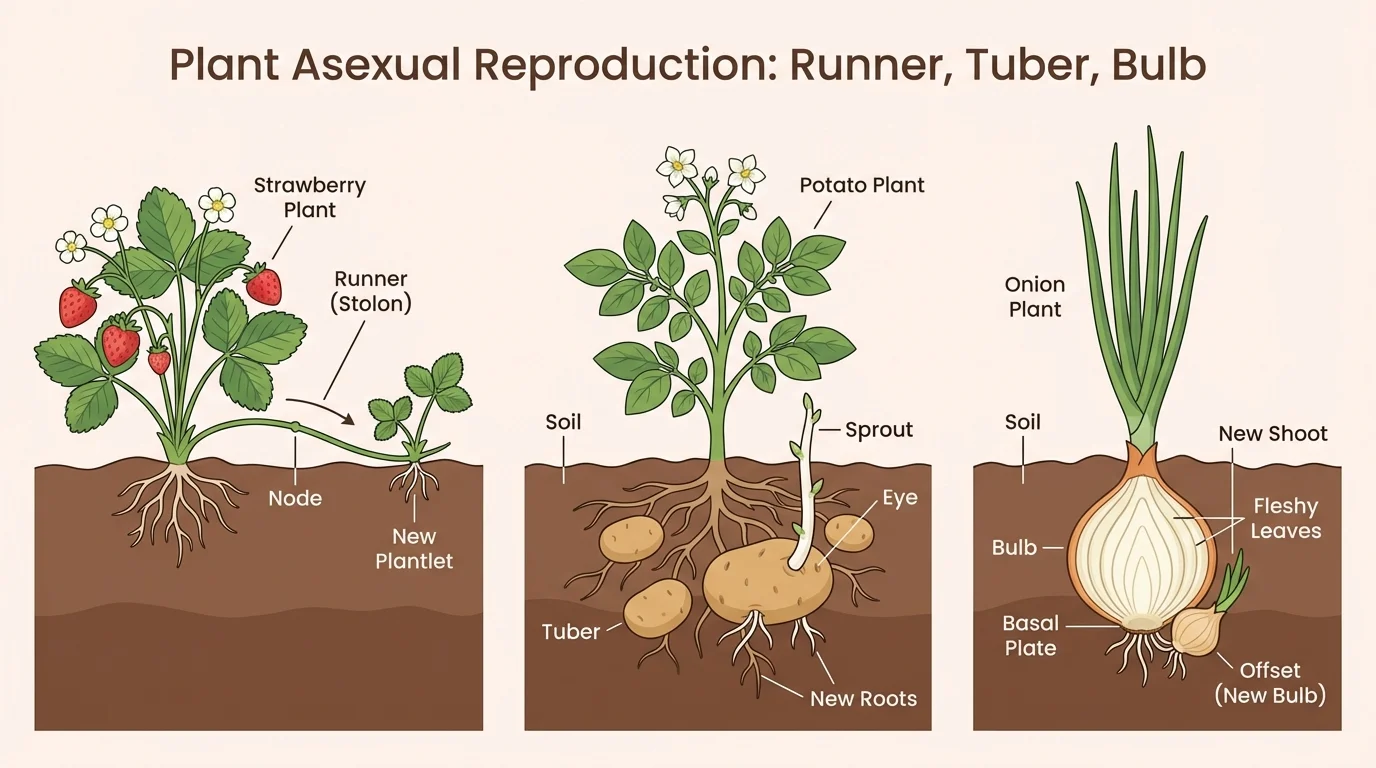 comparison of strawberry runner, potato tuber, and onion bulb each growing into a new plant