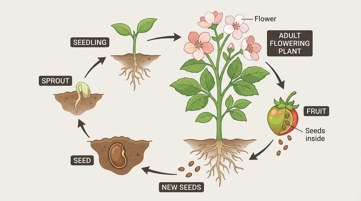 labeled plant life cycle showing seed, sprout, seedling, adult flowering plant, fruit, and new seeds
