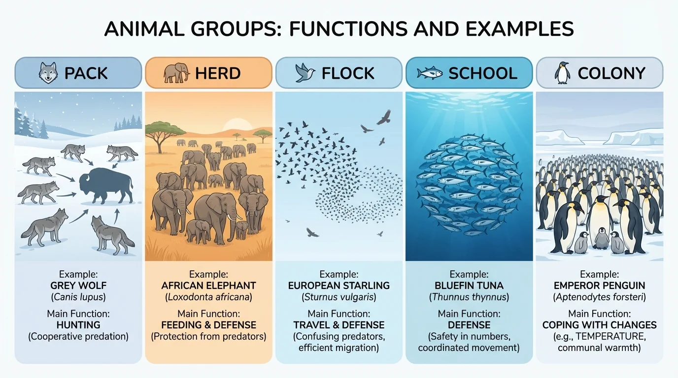 Comparison chart with pack, herd, flock, school, and colony, each paired with one example animal and its main function such as hunting, feeding, travel, or defense