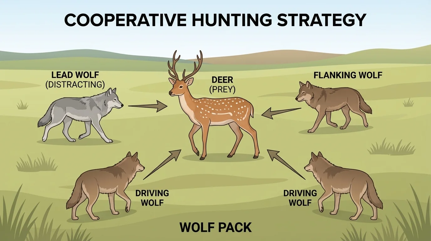 Small wolf pack surrounding a deer in open grassland, with arrows showing different wolves moving into position from different sides