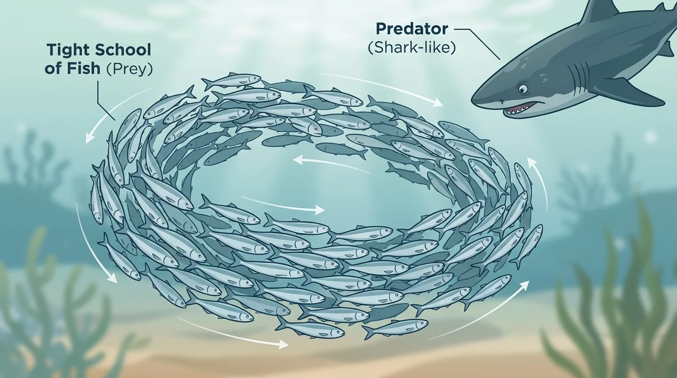 Tight school of fish moving together while a larger predator approaches, showing the predator having difficulty targeting one fish
