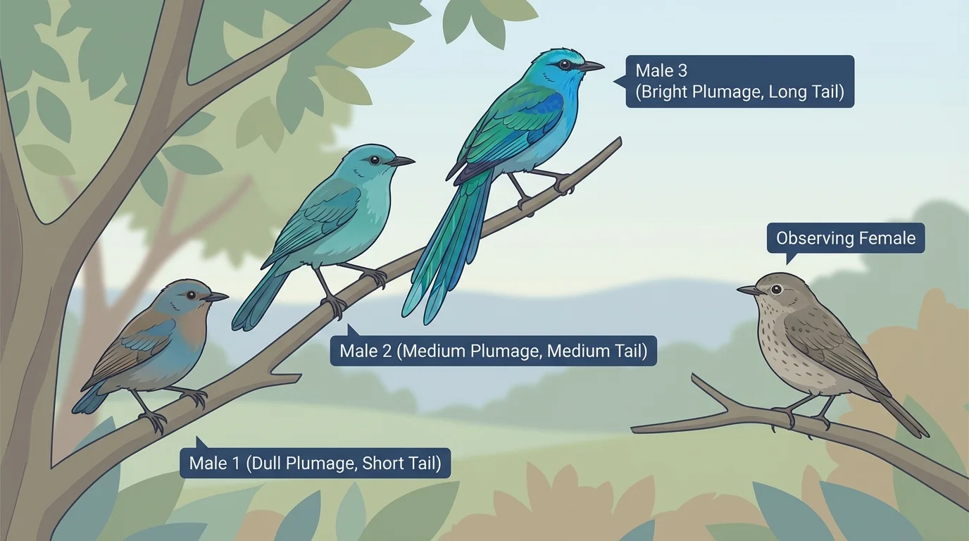 Several male birds of the same species perched nearby with different feather brightness and tail size while a female bird watches them