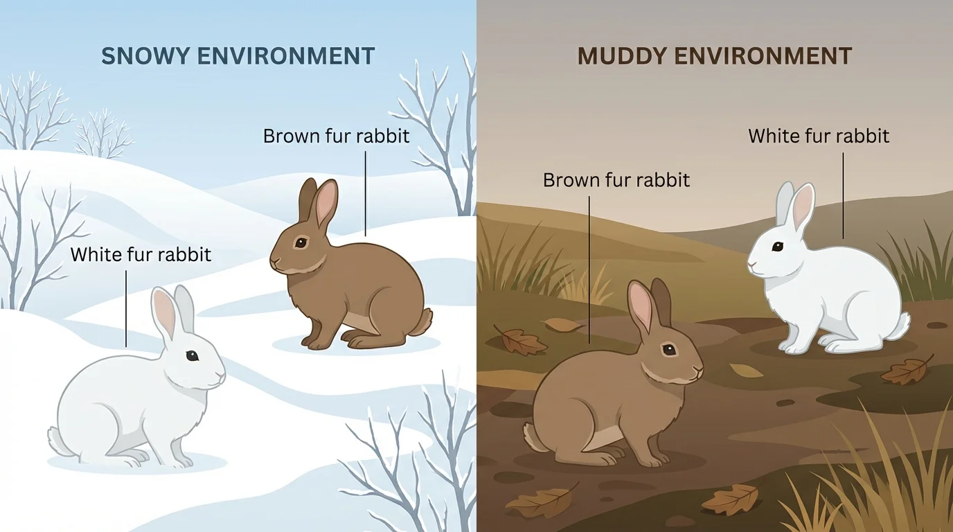 Two rabbits of the same species, one white and one brown, in a landscape with snow on one side and muddy ground on the other, showing which rabbit blends in better in each area