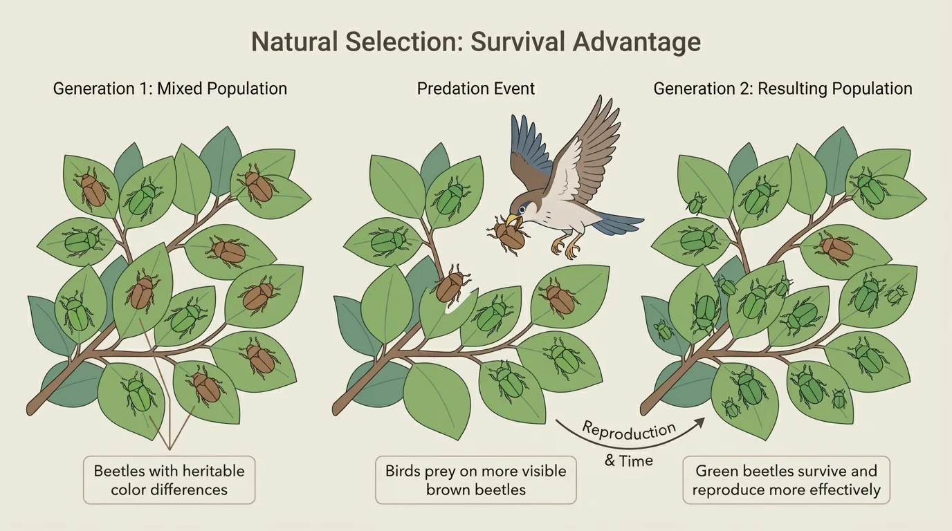 Sequence of beetle generations on green leaves, showing mixed green and brown beetles at first and more green beetles over time because birds catch more brown beetles