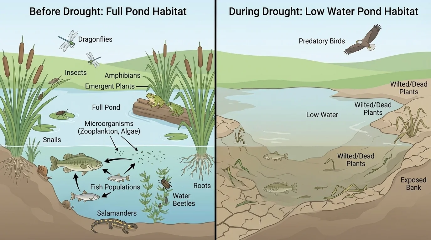 Before-and-after view of a pond habitat during drought, first with full water and many organisms, then with low water and fewer organisms