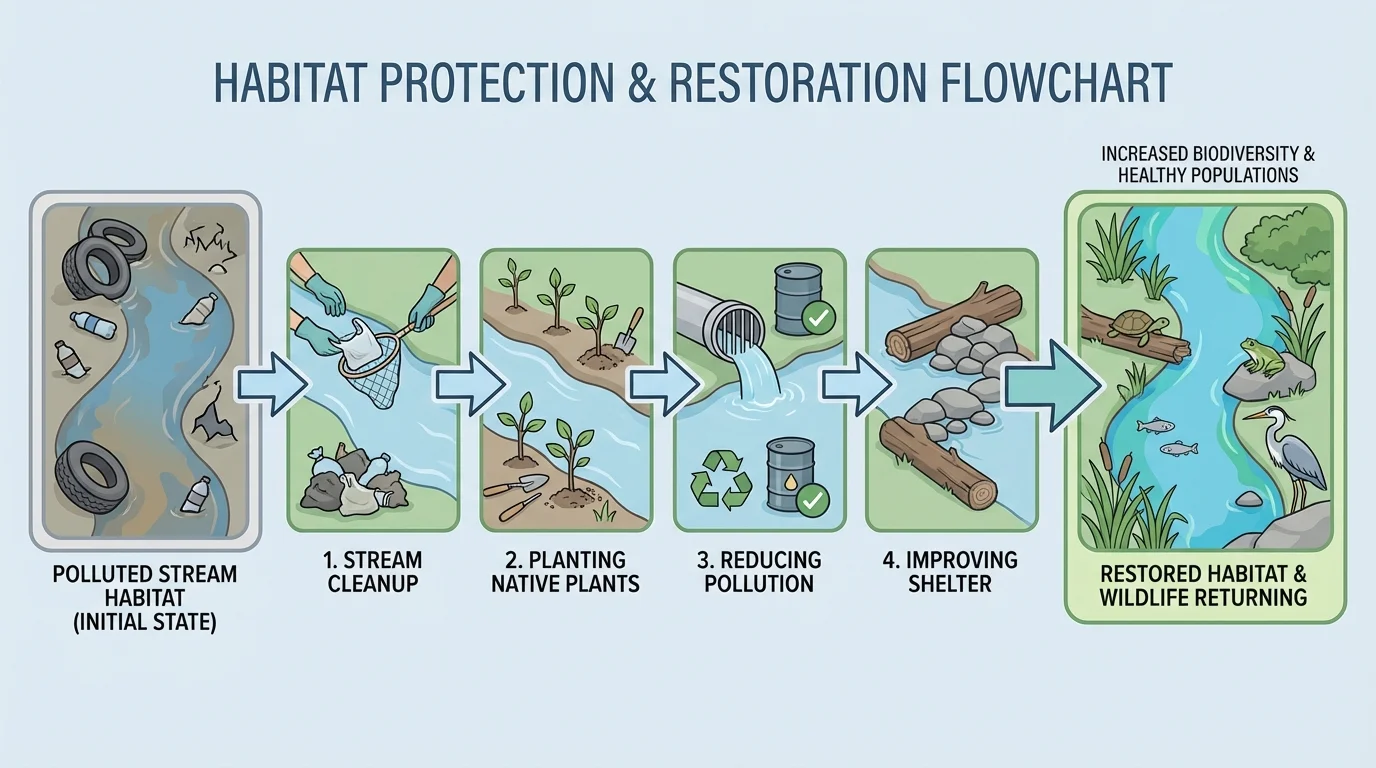 Habitat protection flowchart showing stream cleanup, planting native plants, reducing pollution, improving shelter, and wildlife returning