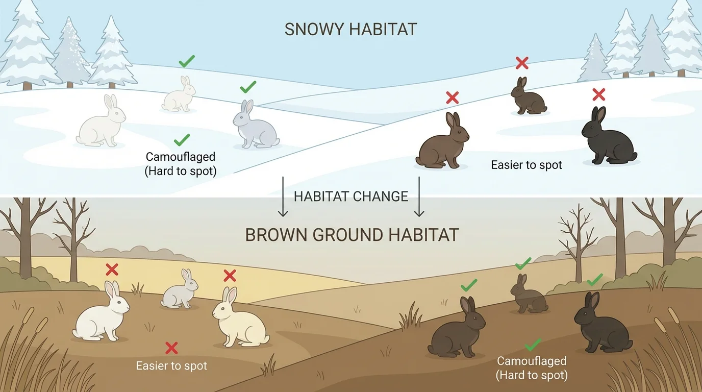 Light-colored and dark-colored rabbits in snowy ground and brown ground, showing which rabbits are easier or harder to spot