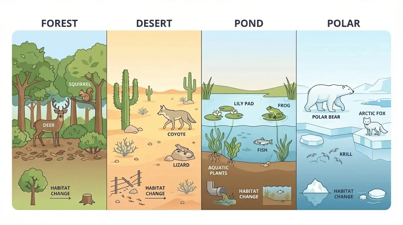 Four-part habitat comparison showing a forest, desert, pond, and polar habitat with representative plants and animals in each