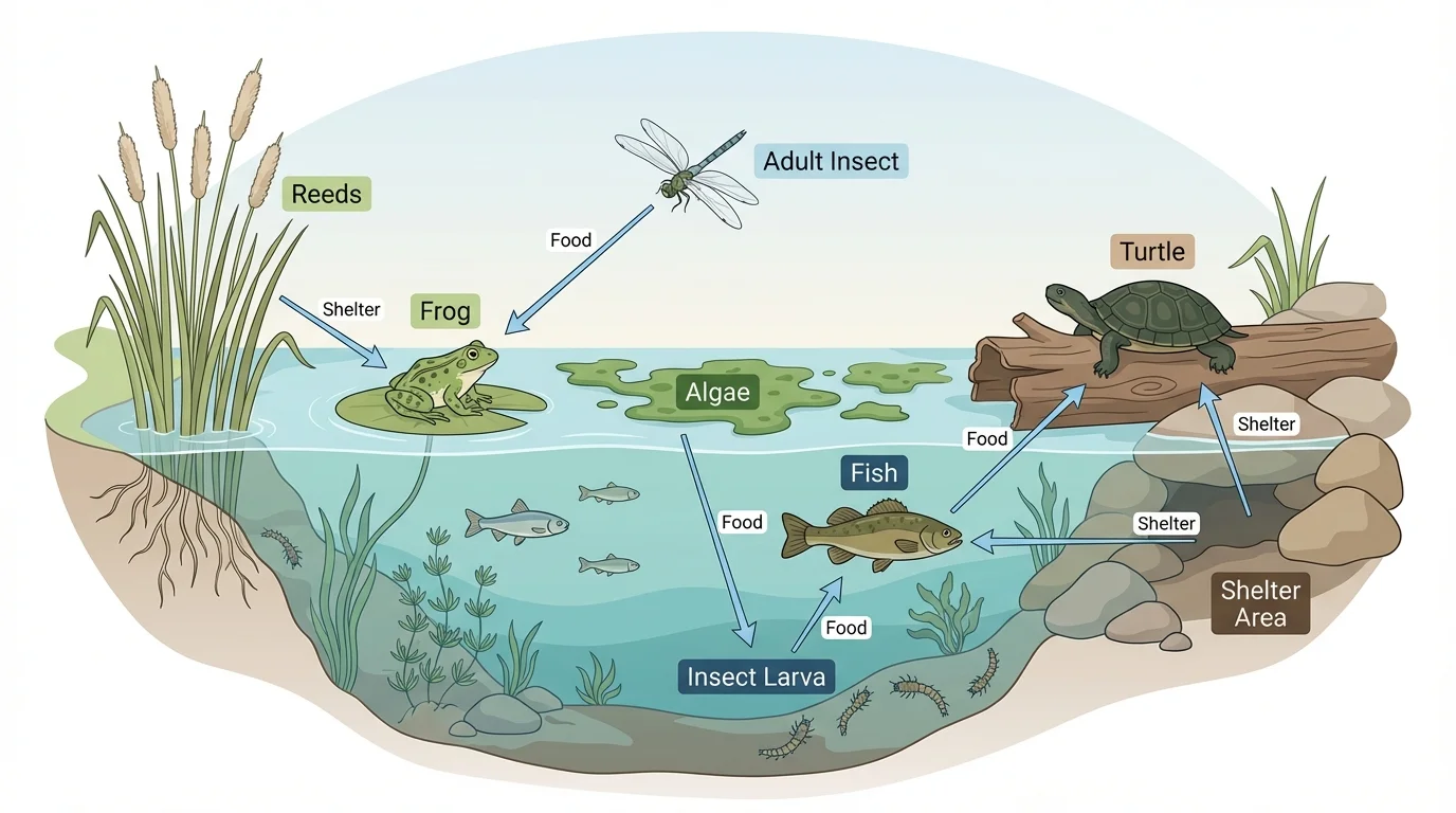 Labeled pond habitat showing water, reeds, algae, insects, fish, frog, turtle, shelter areas, and arrows linking food and shelter relationships