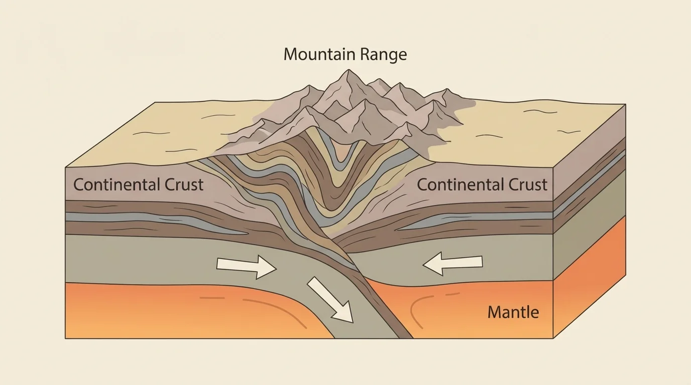 Diagram of two continental plates pushing together, folding layers of crust upward into a mountain range