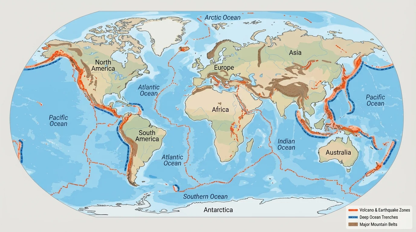 World map with major mountain belts, volcano zones, earthquake belts, and deep ocean trenches highlighted using simple color bands