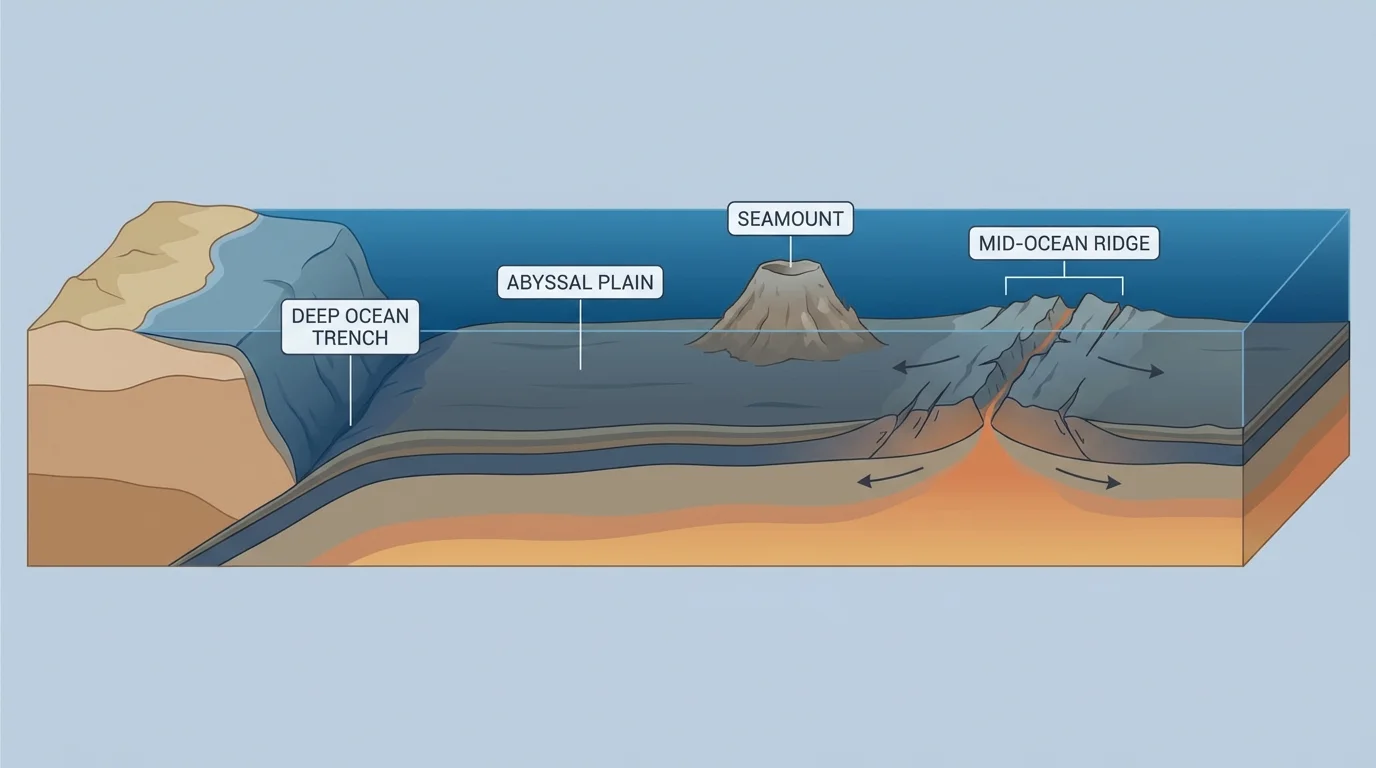 Cross-section of the ocean floor labeled mid-ocean ridge, abyssal plain, seamount, and deep ocean trench