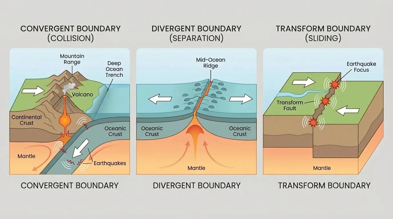 Diagram comparing three plate boundary motions: plates colliding to form mountains or trenches, plates moving apart to form a ridge, and plates sliding past to cause earthquakes