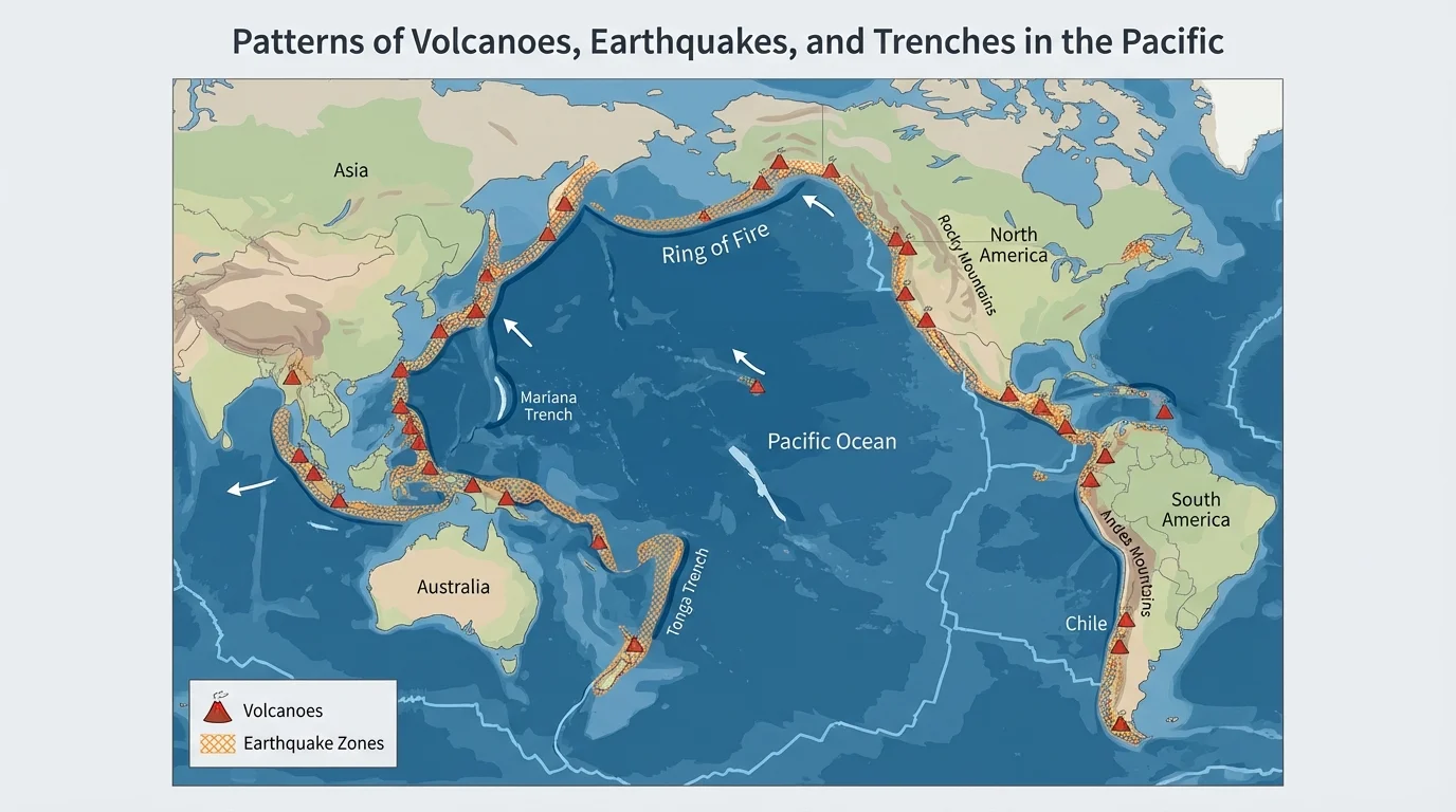 Map of the Pacific Ocean showing the Ring of Fire with chains of volcanoes and earthquake zones around the ocean edges