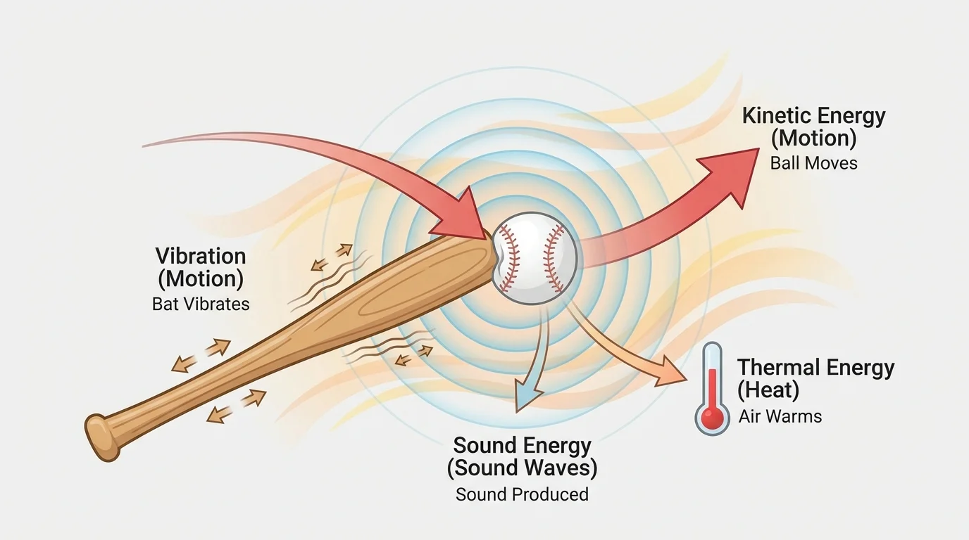 A bat striking a baseball with arrows showing the ball moving away, the bat vibrating, sound spreading through air, and surrounding air warming slightly
